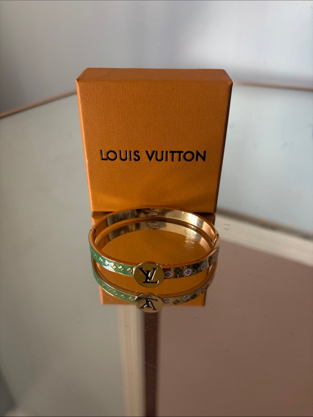 Louis Vuitton Gold-Tone Bangle Bracelet with Green Enamel and Monogram Medallion